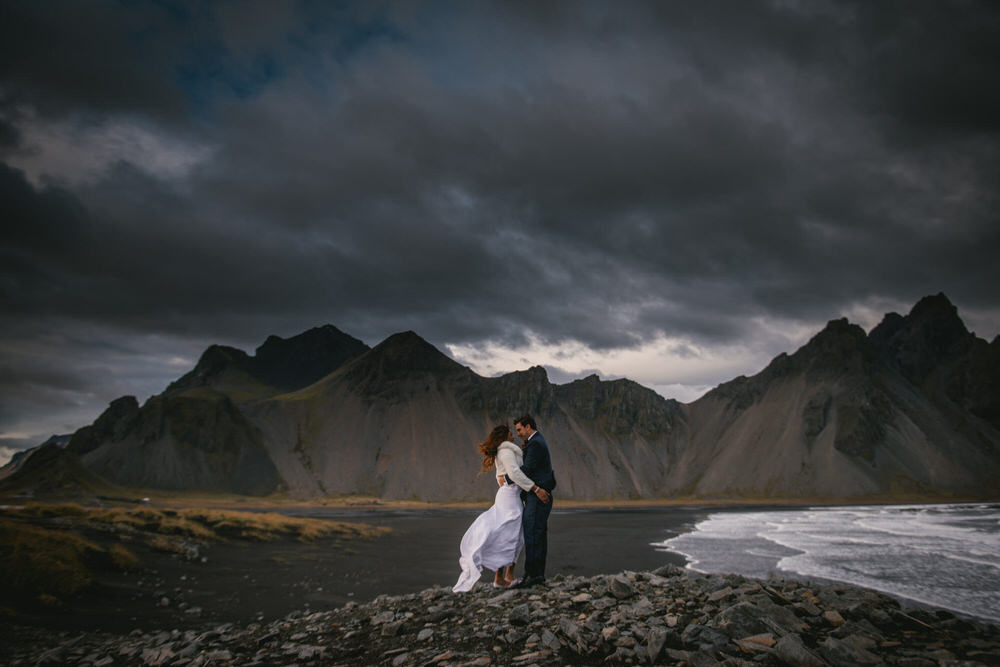 Iceland elopement example - couple photos on a black beach