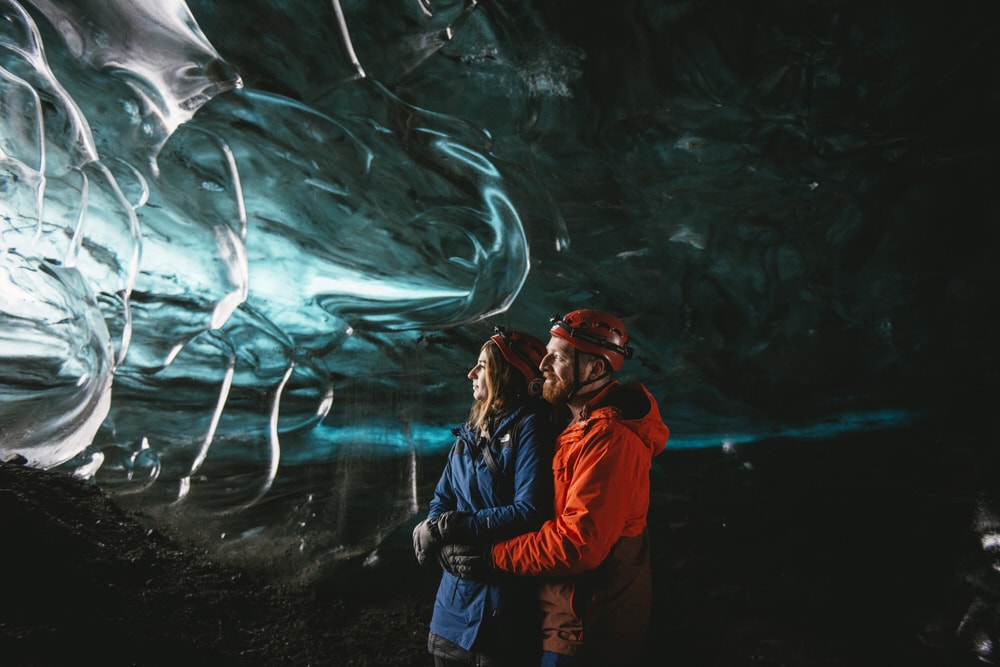 Iceland elopement example - couple photos in an ice cave
