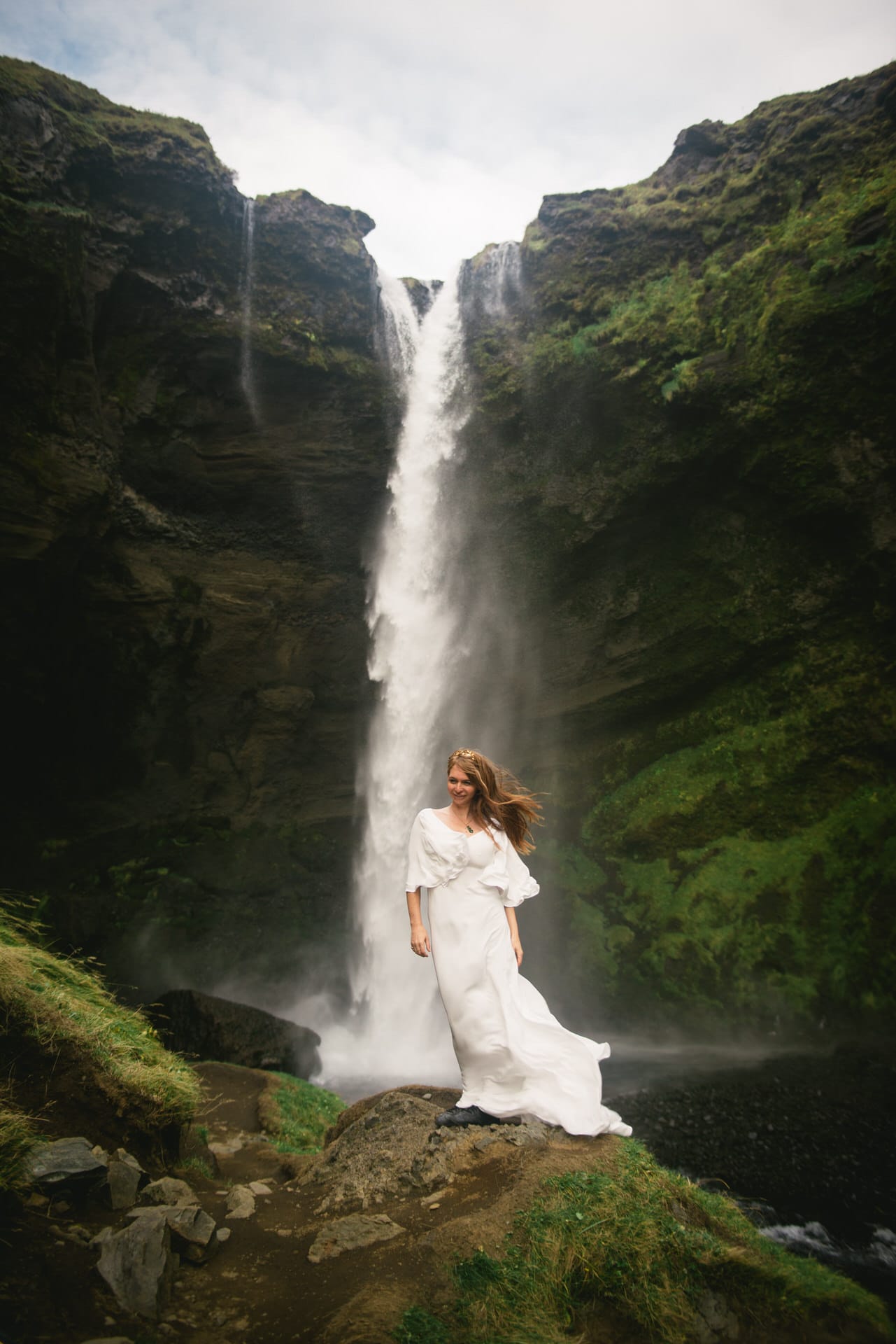 Post-wedding session by a waterfall in Iceland