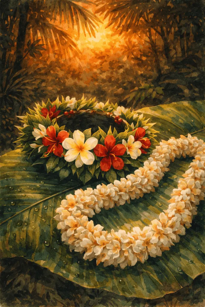 Beautiful tropical wedding accessories with vibrant flowers in a lush jungle setting.
