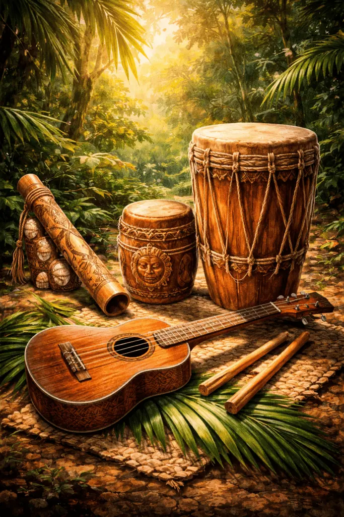 Traditional Polynesian drums and ukulele in lush jungle setting.