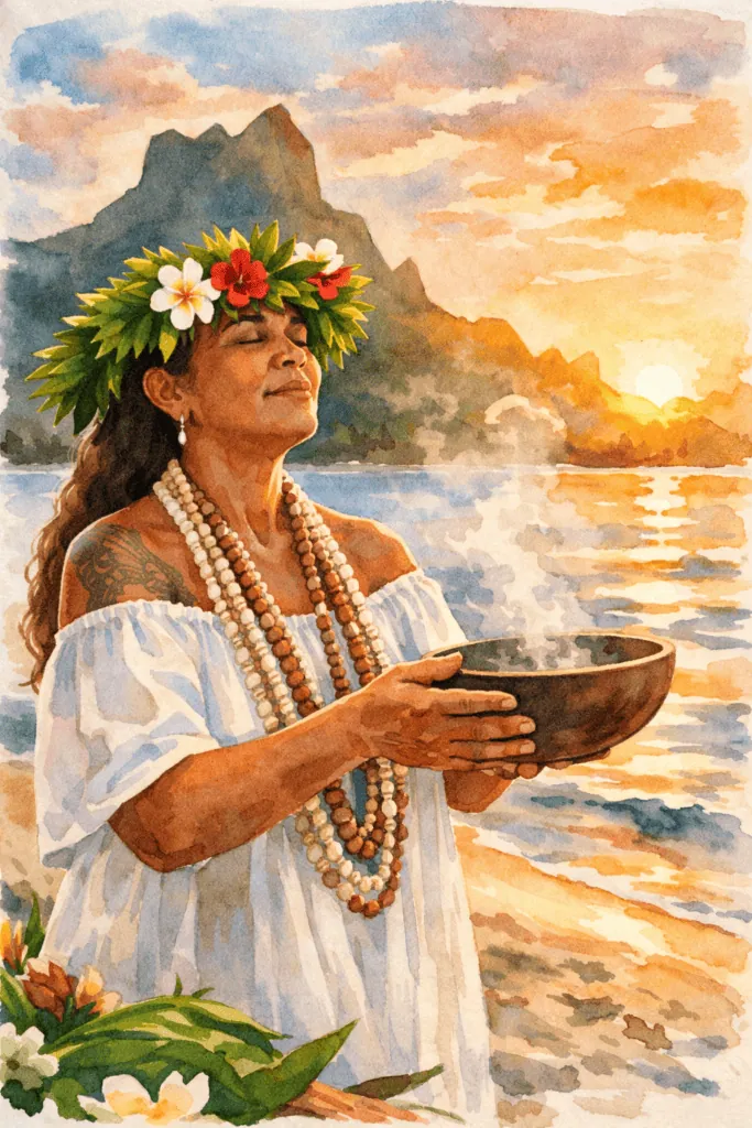 Tahitian woman wearing floral crown and pearl necklaces during sunset in Polynesia.