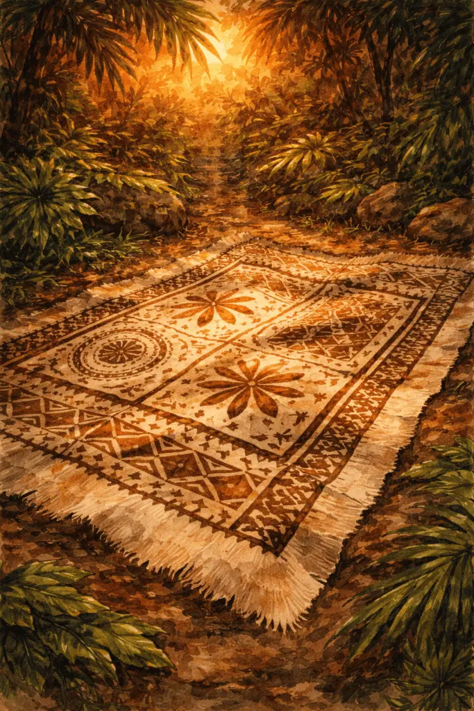 Elopement rug in lush tropical jungle setting.