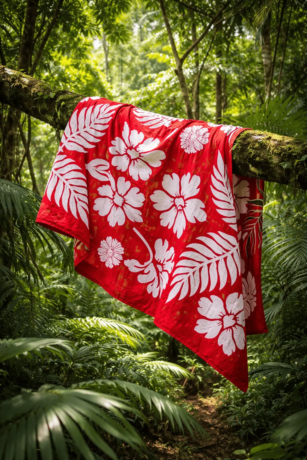Hawaiian pareo with white floral pattern draped over a tree branch in a vibrant jungle scene.