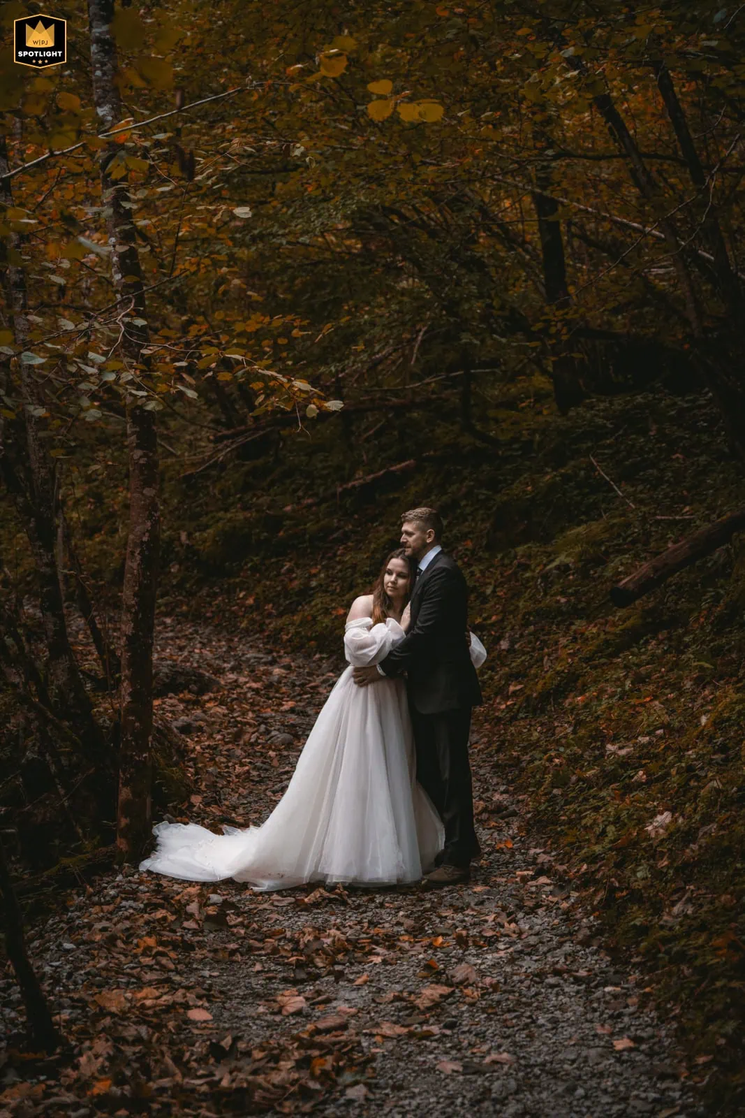 Romantic couple embracing in a forest during fall, perfect for elopement photography.
