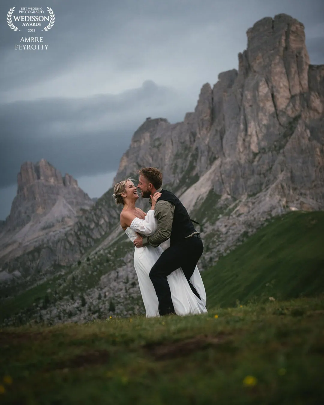 Beautiful couple embracing during an Italy elopement in a scenic mountain setting.