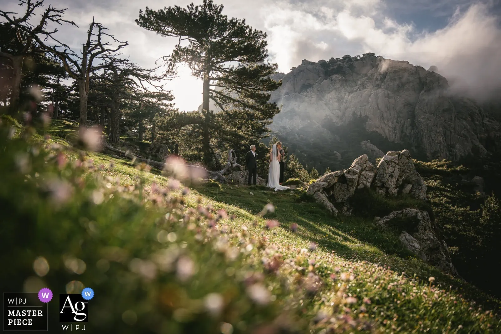 Elopement in Italy with a couple standing amidst mountain scenery and wildflowers.