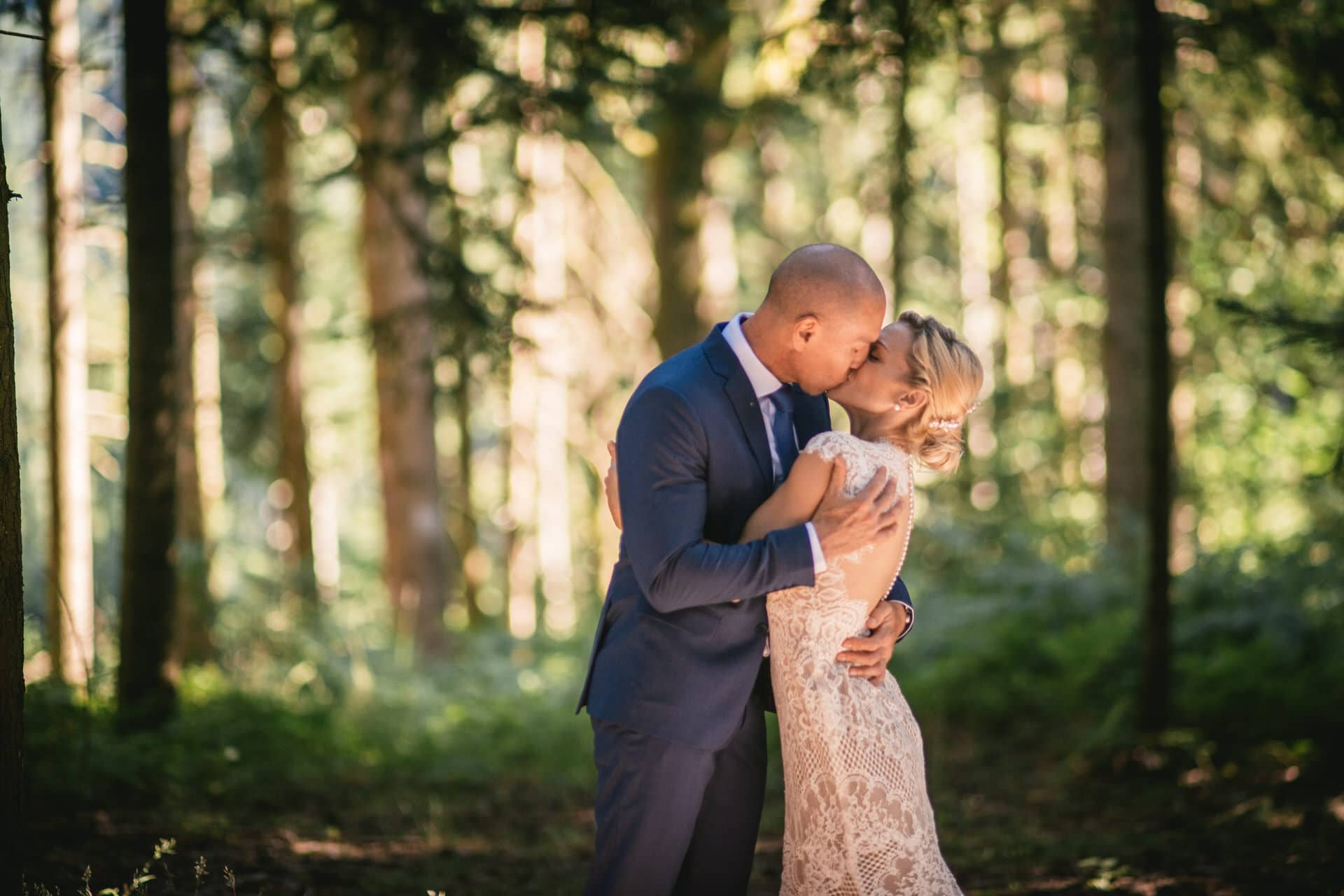 Elopement in central France first kiss in a forest