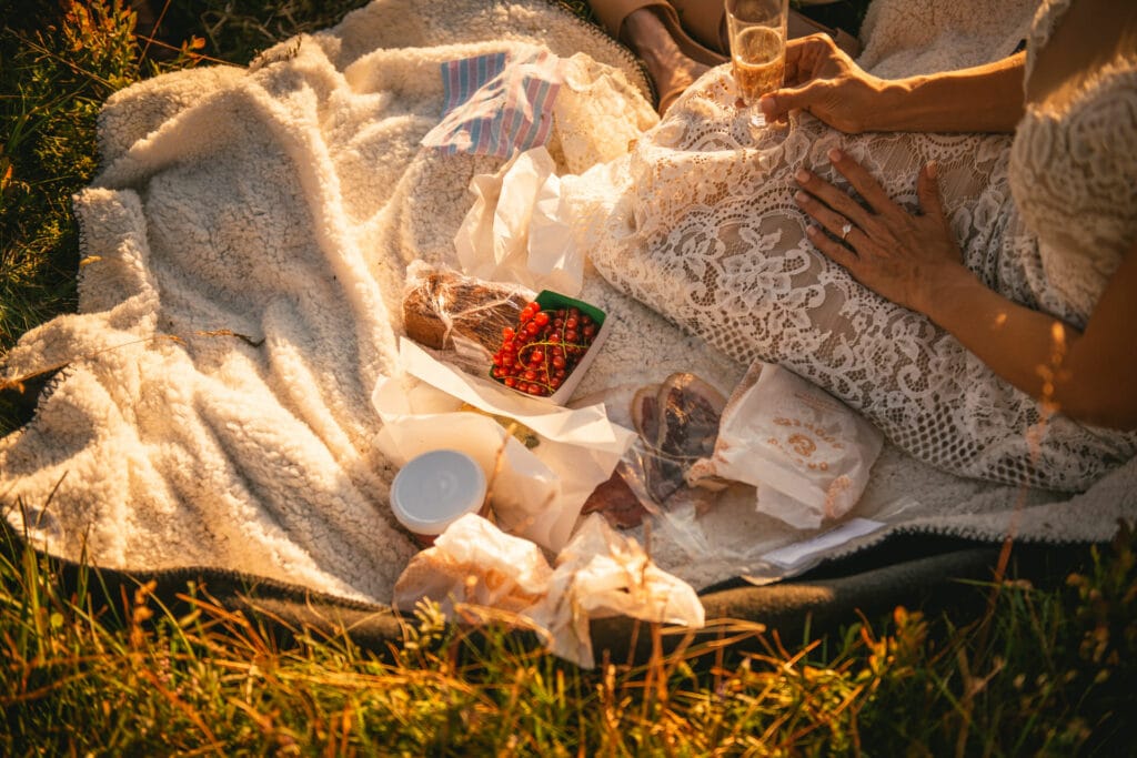 Details of a sunset picnic spread