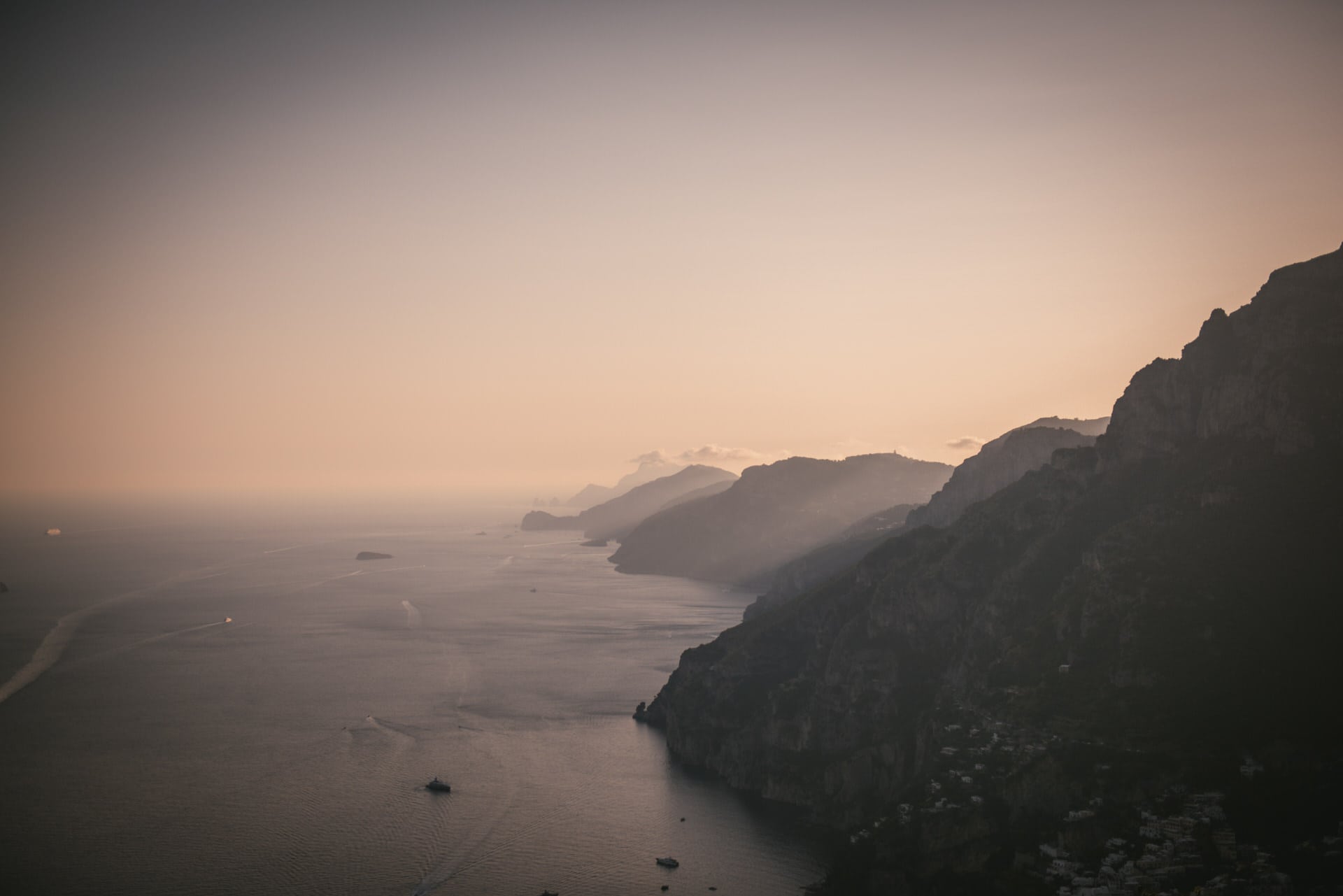 Amalfi Coast and Positano at sunset viewed from Nocelle