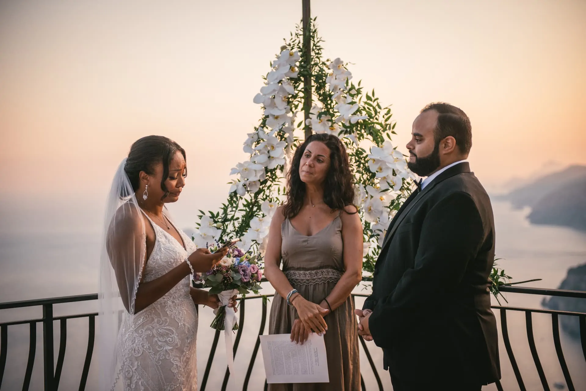 Elopement ceremony at sunset on the Alamfi Coast near Positano
