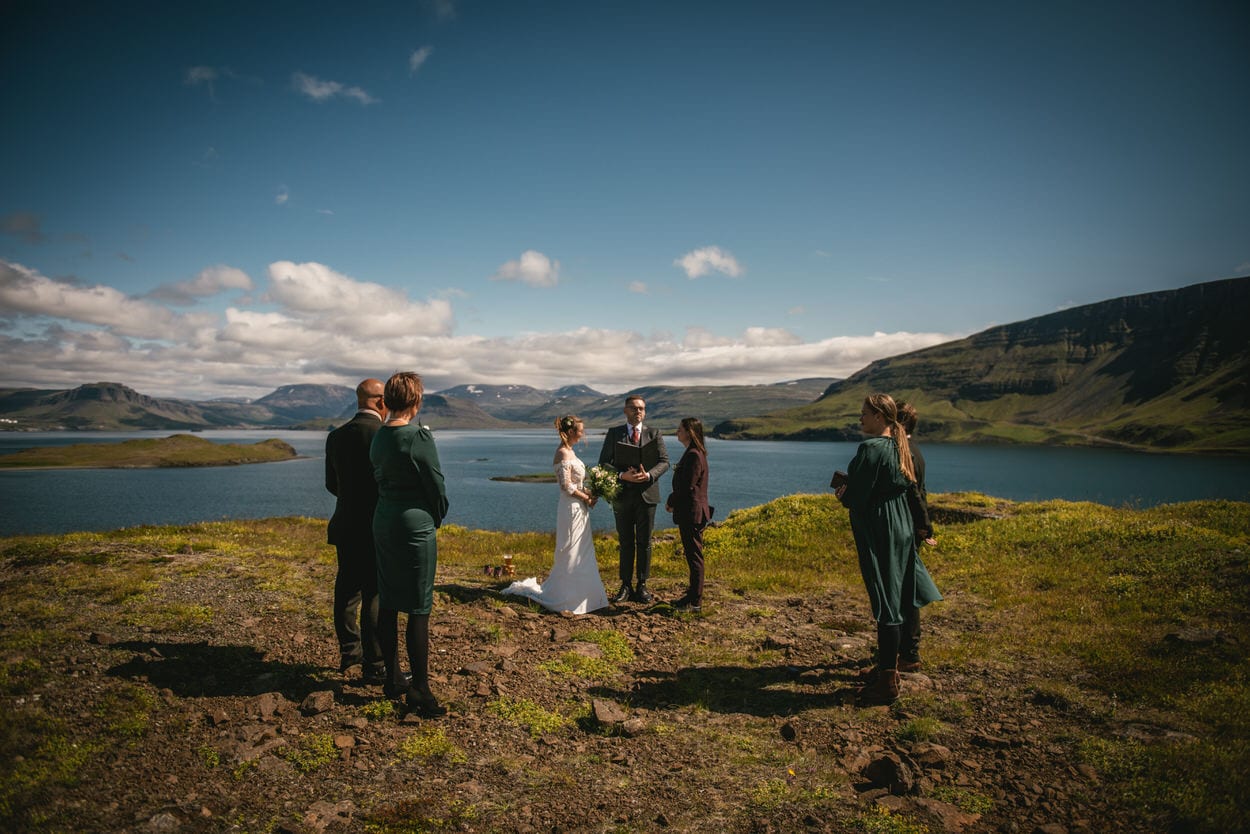 Elopement ceremony in an Icelandic bay in July