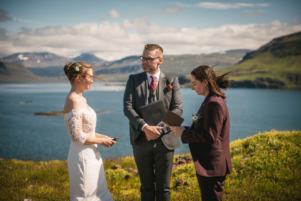 Bride reading her vows during her elopement in Iceland