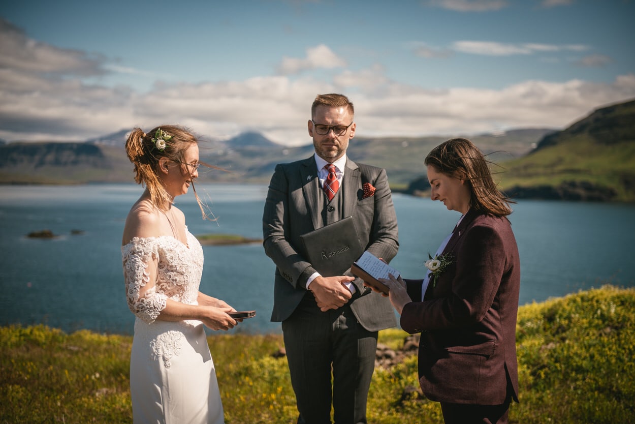 Brides exchanging their vows during her elopement in Iceland