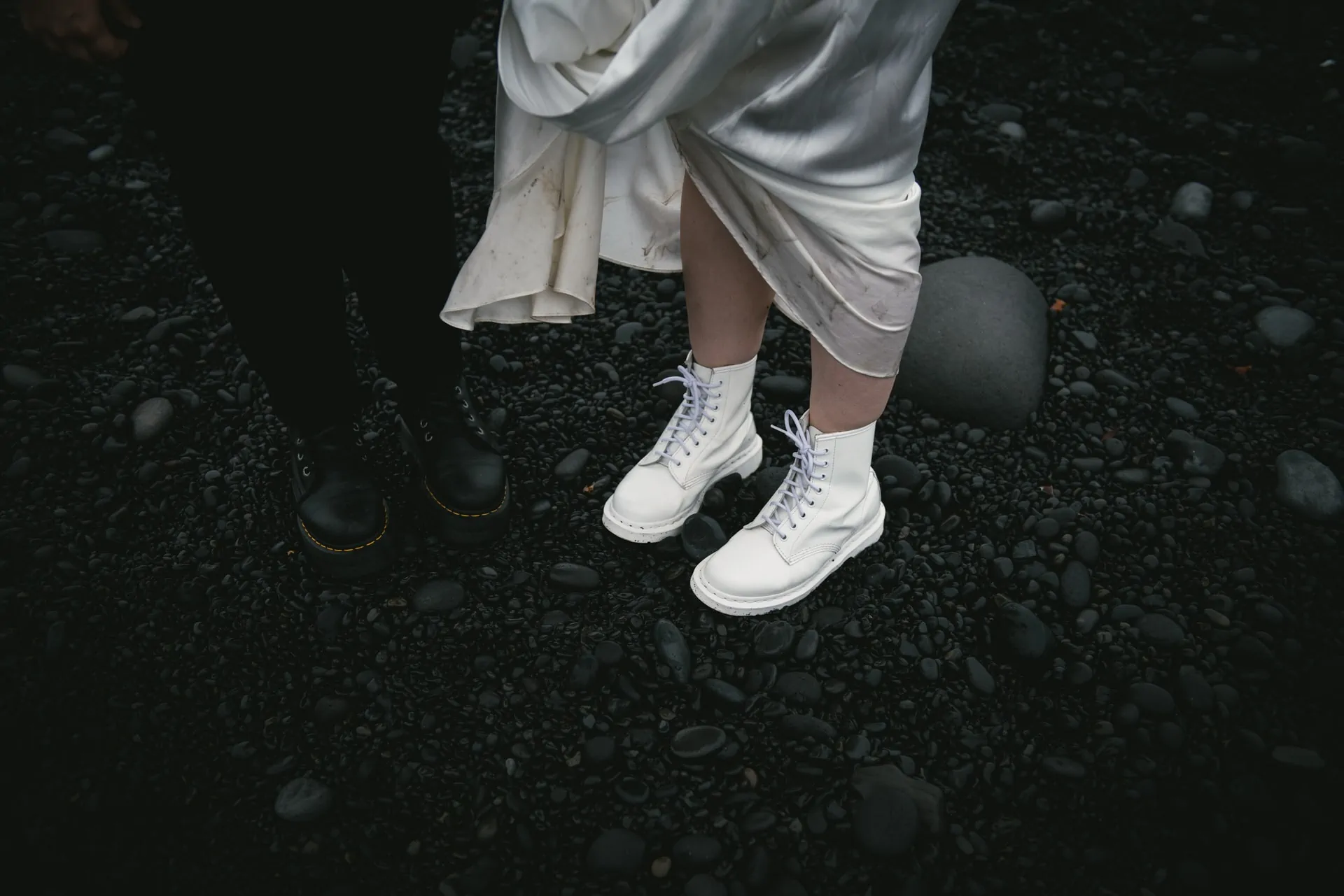 Bride's shoes on a black sand beach in Iceland