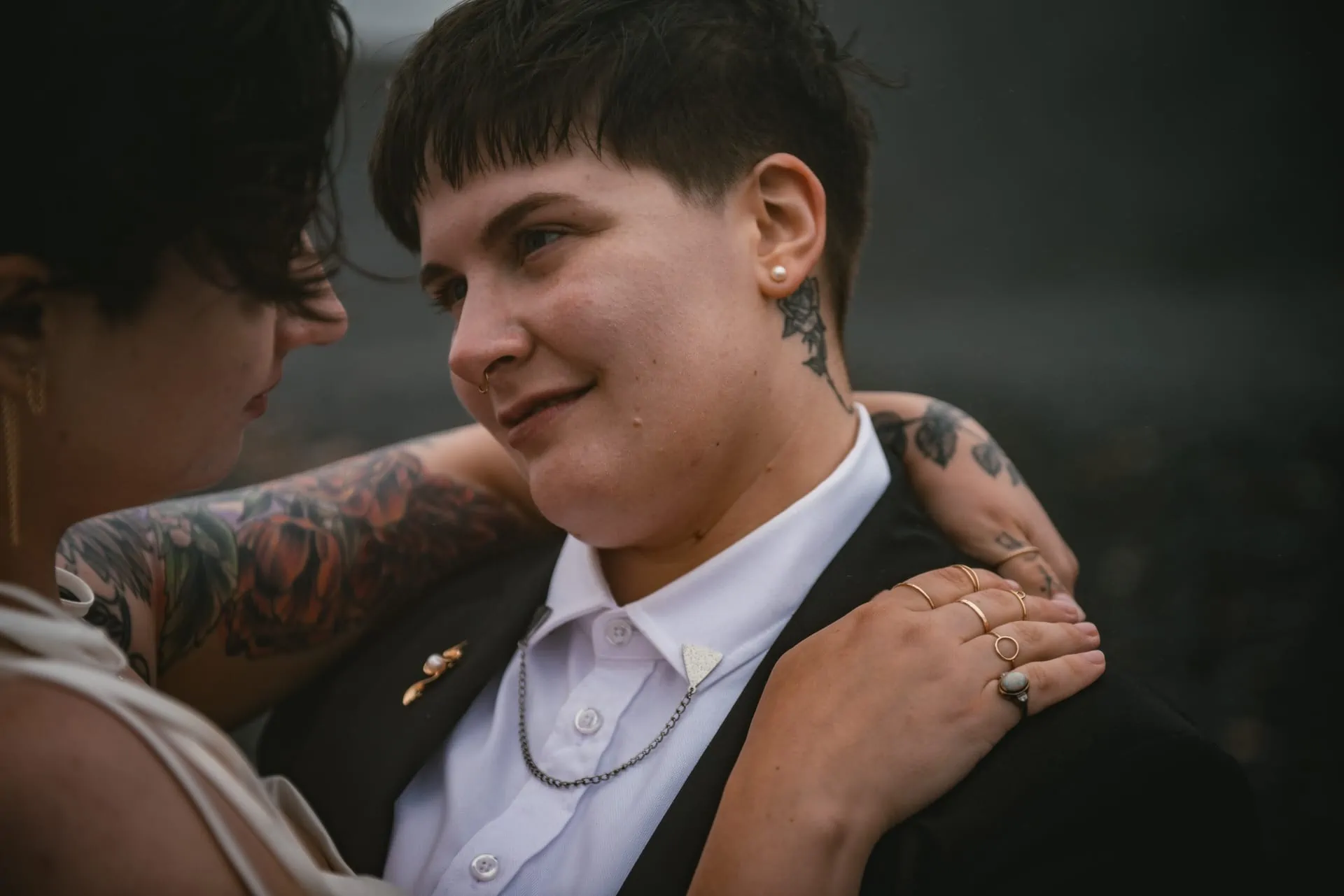 Bride looking at ther wife with love in her eyes on their elopement day in Iceland