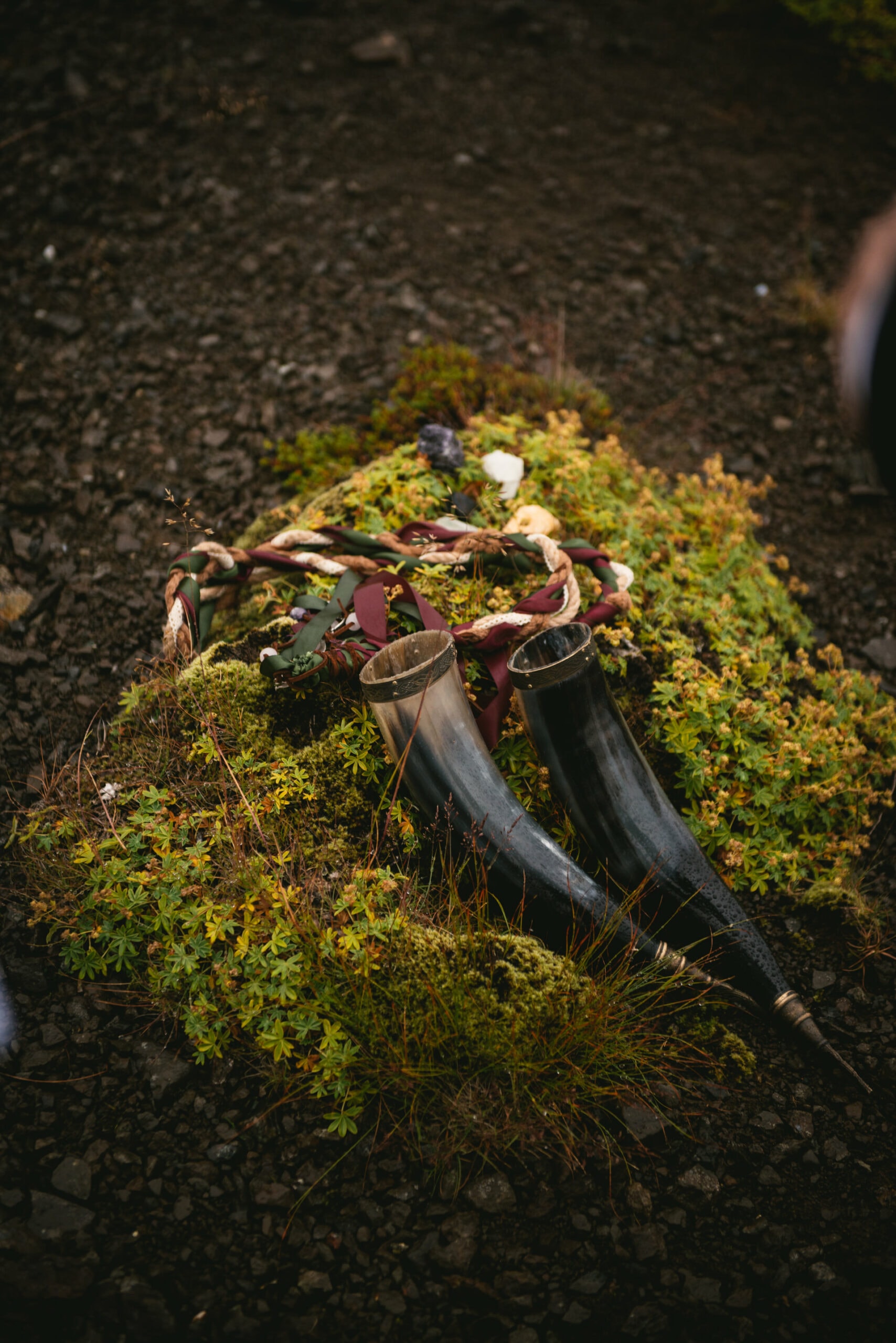 Ribbons and drinking horns being left aside before a Pagan wedding ceremony in Iceland