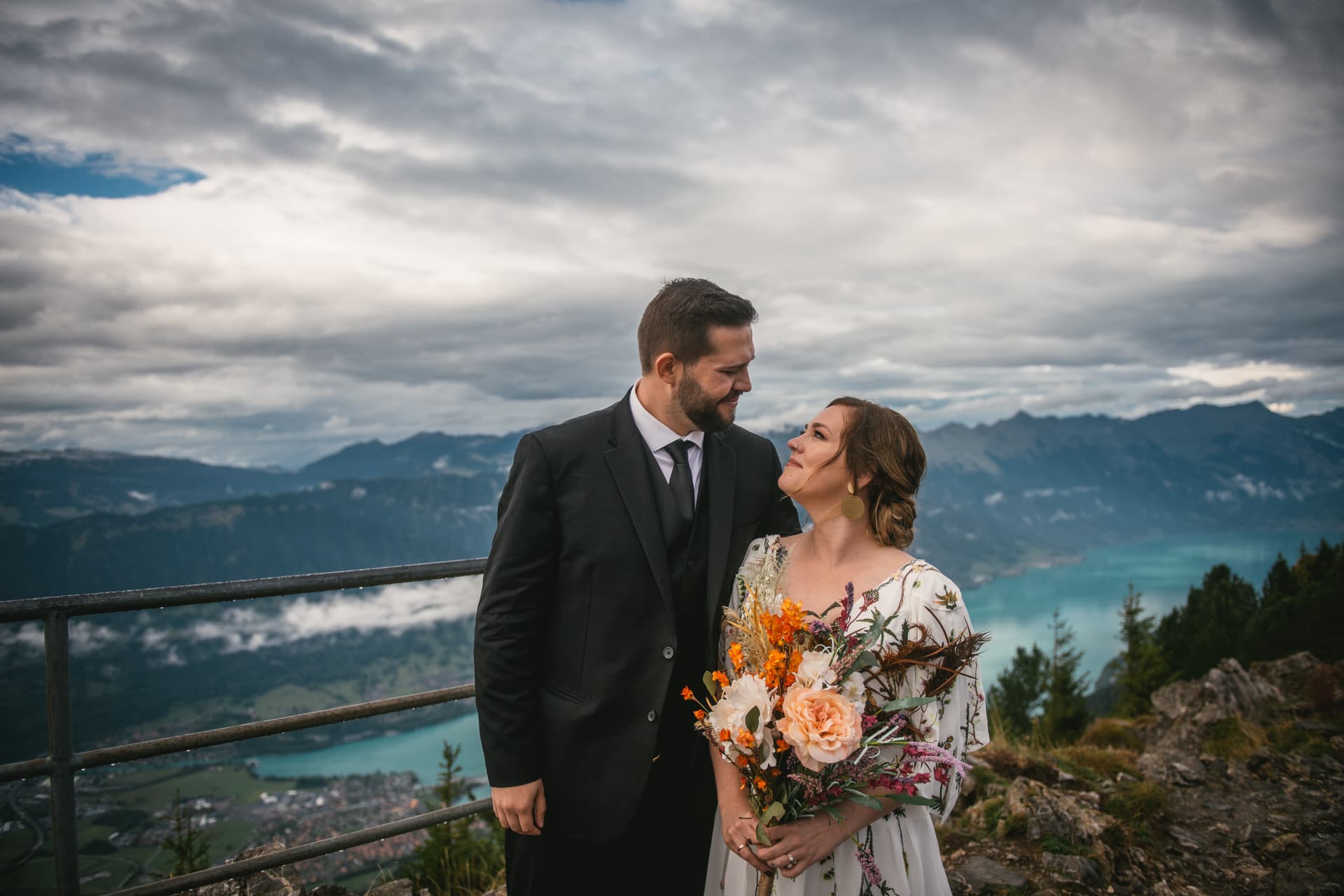 Couple looking at each other after their ceremony in Switzerland
