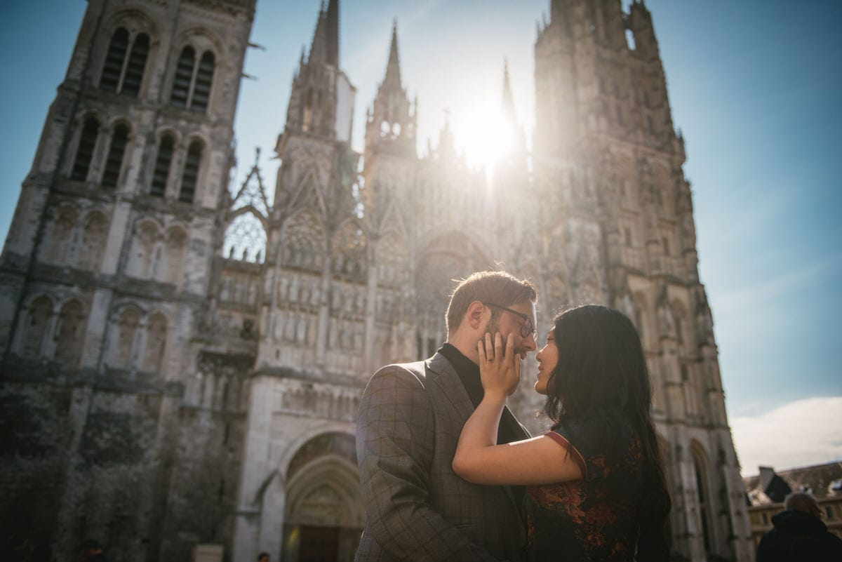 Couple at the Rouen Cathedral before their elopement in Normandy