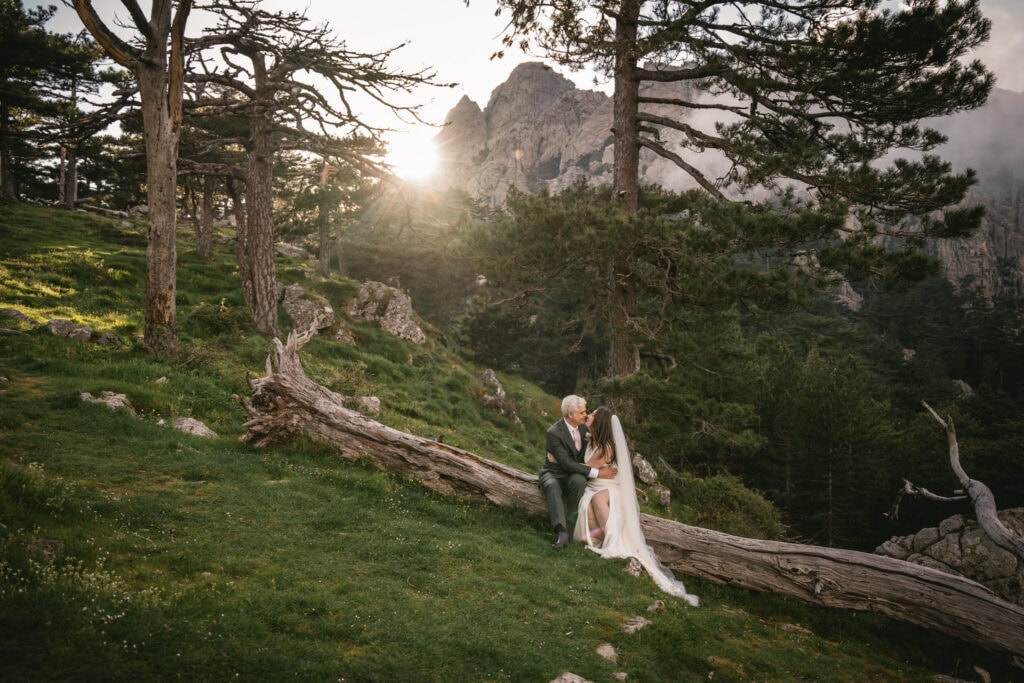 Mystical mountain wedding with scenic forest background.