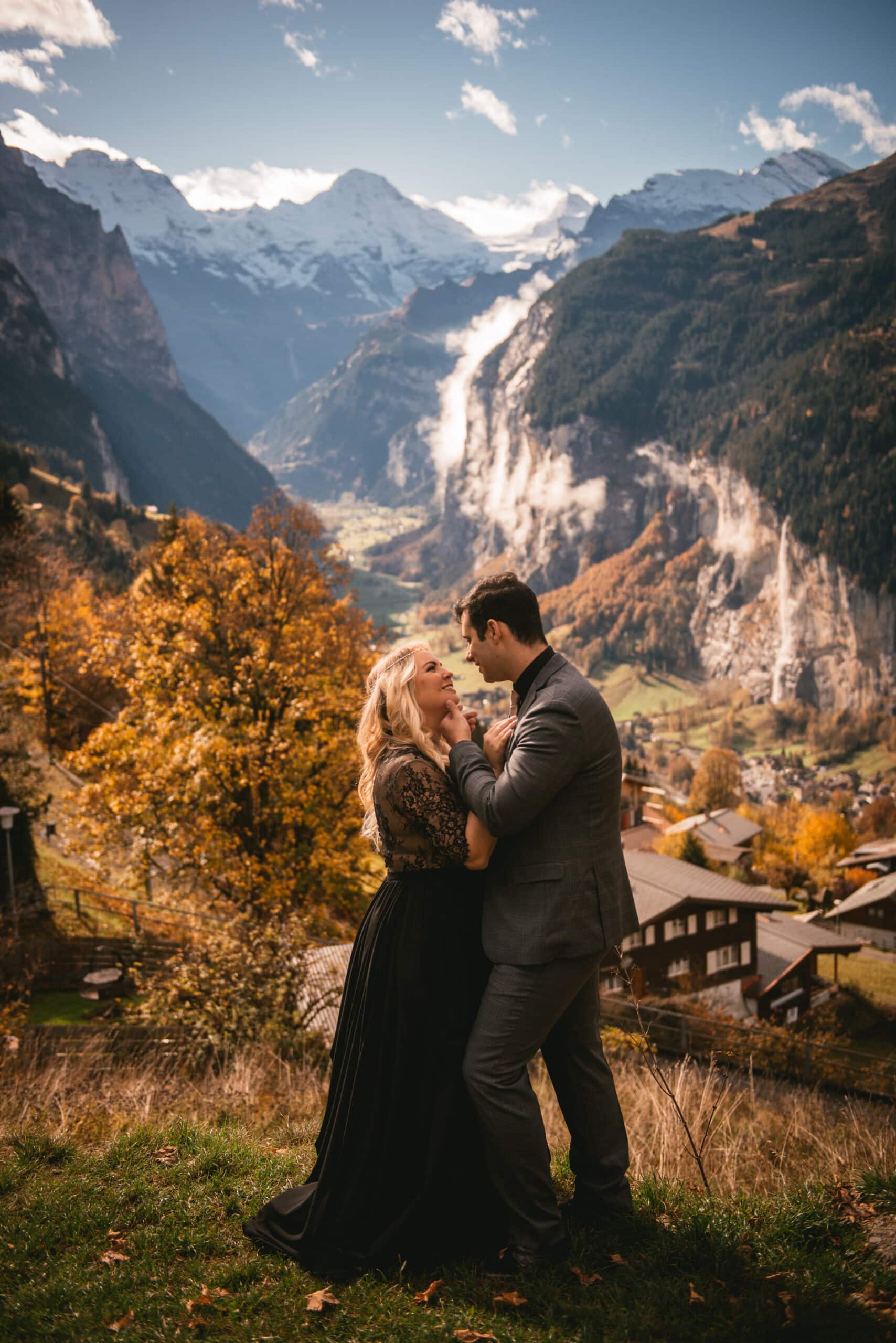 Couple posing on their elopement day in Switzerland in the Lauterbrunnen valley