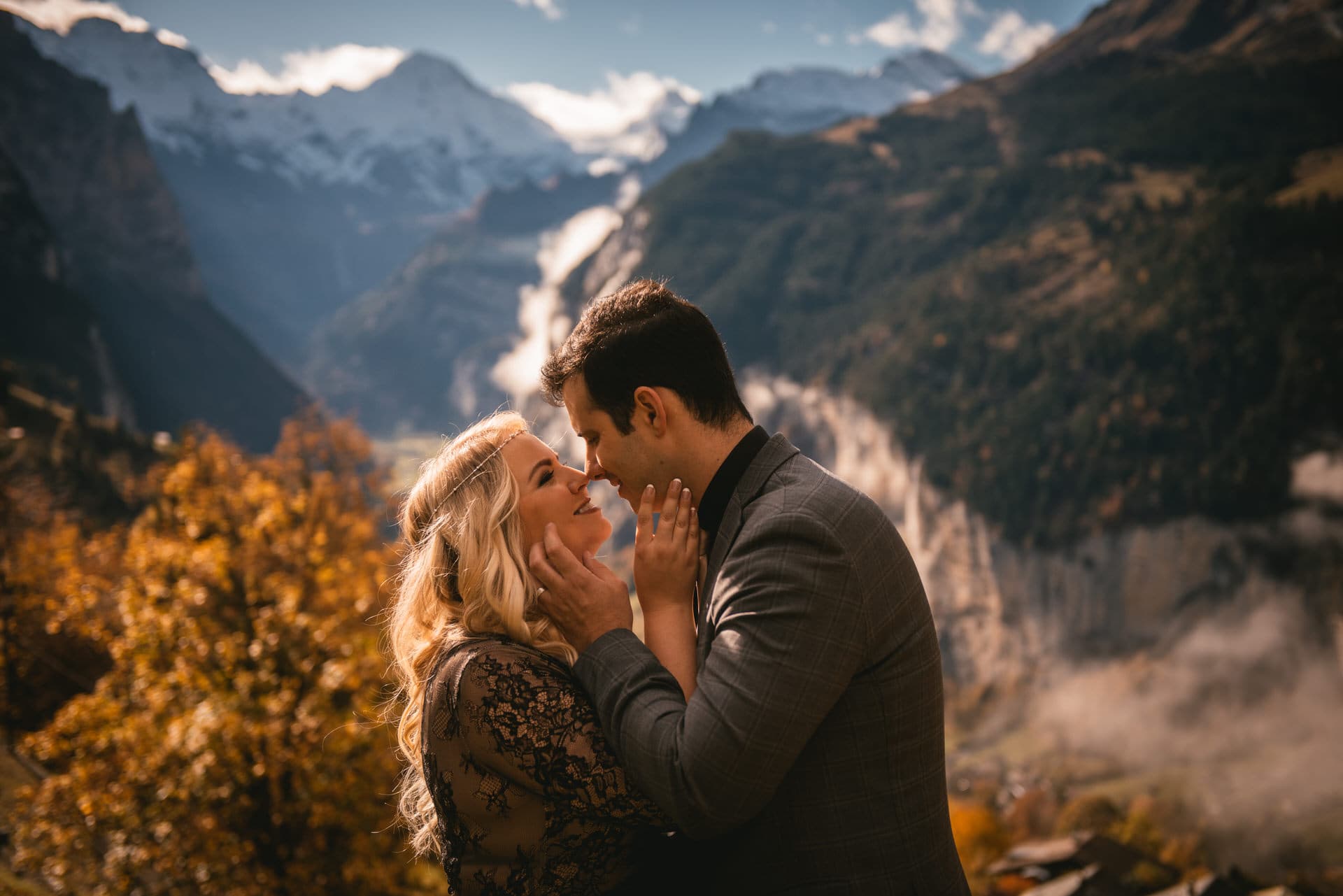 Couple posing on their elopement day in Switzerland in the Lauterbrunnen valley