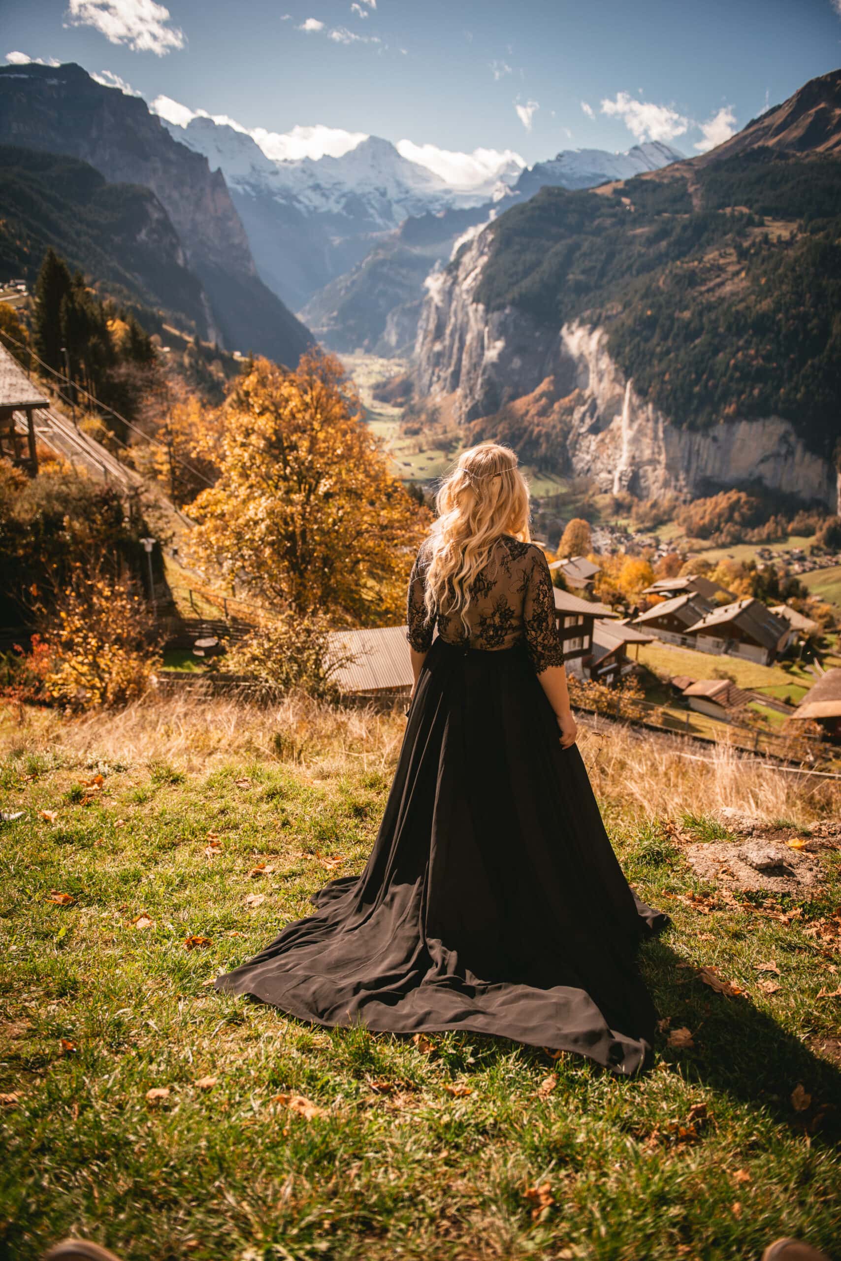 Bride posing on their elopement day in Switzerland in the Lauterbrunnen valley