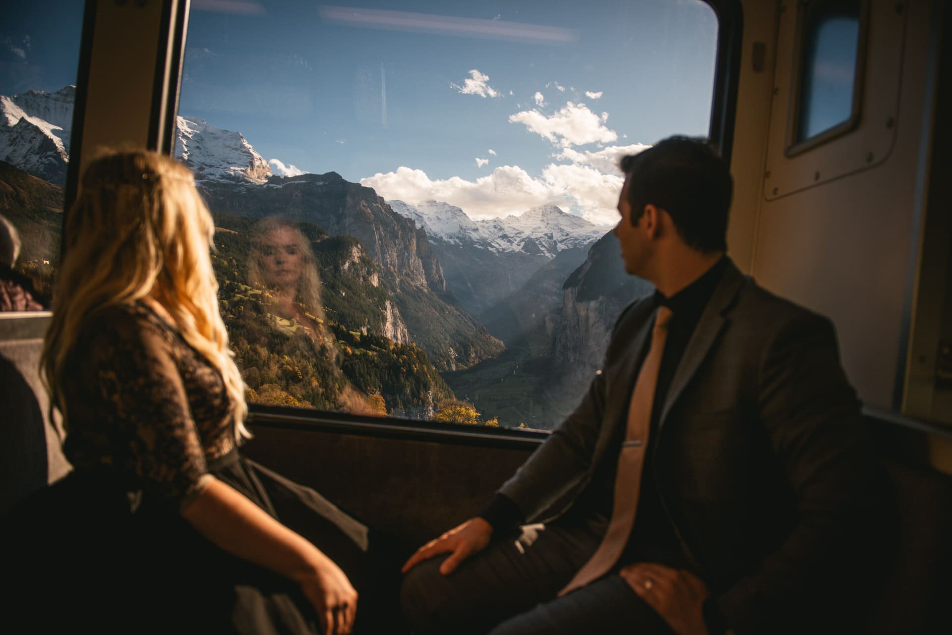 Couple in the train going back up from Lauterbrunnen to Wengen
