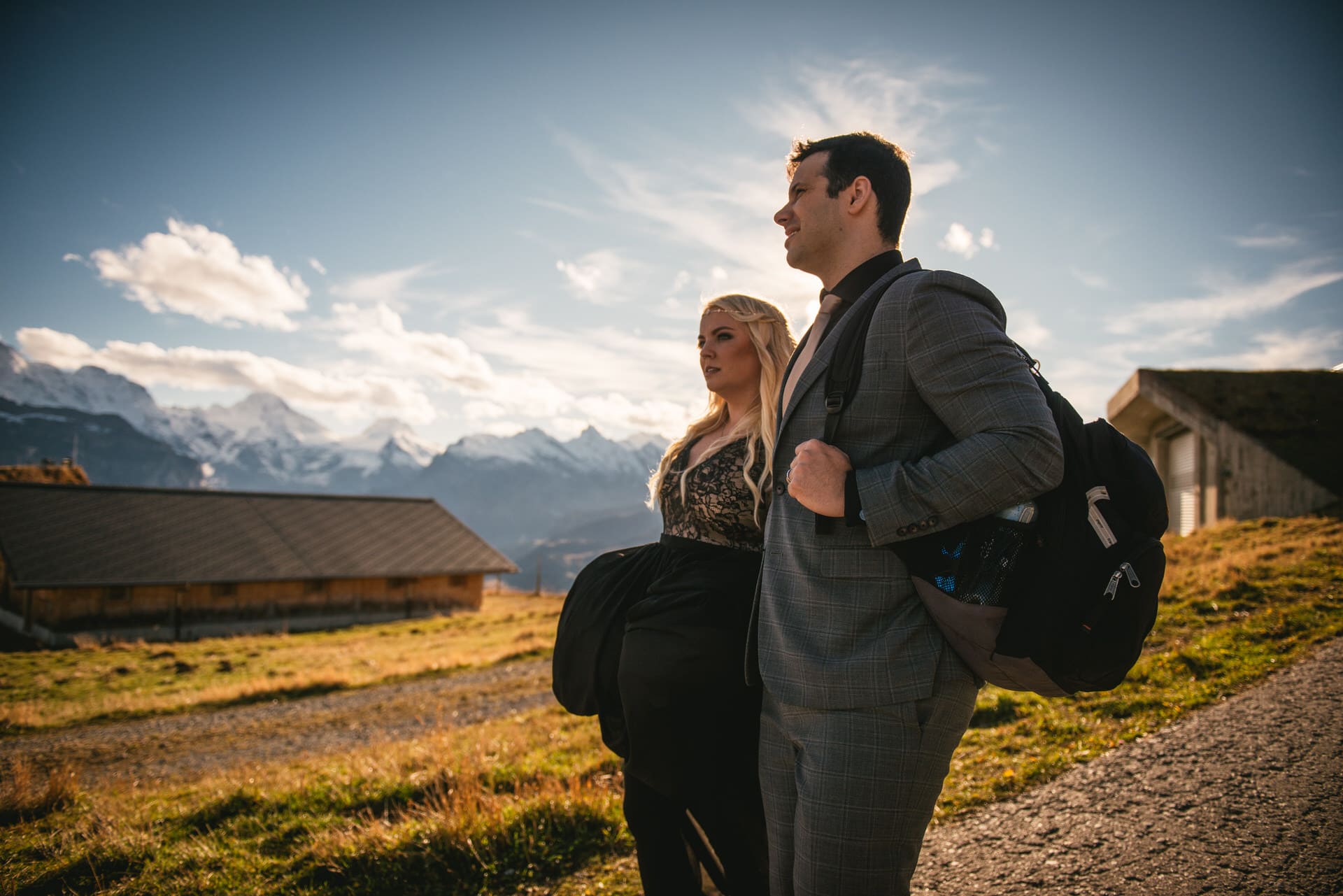 Couple walking on their elopement day in Switzerland