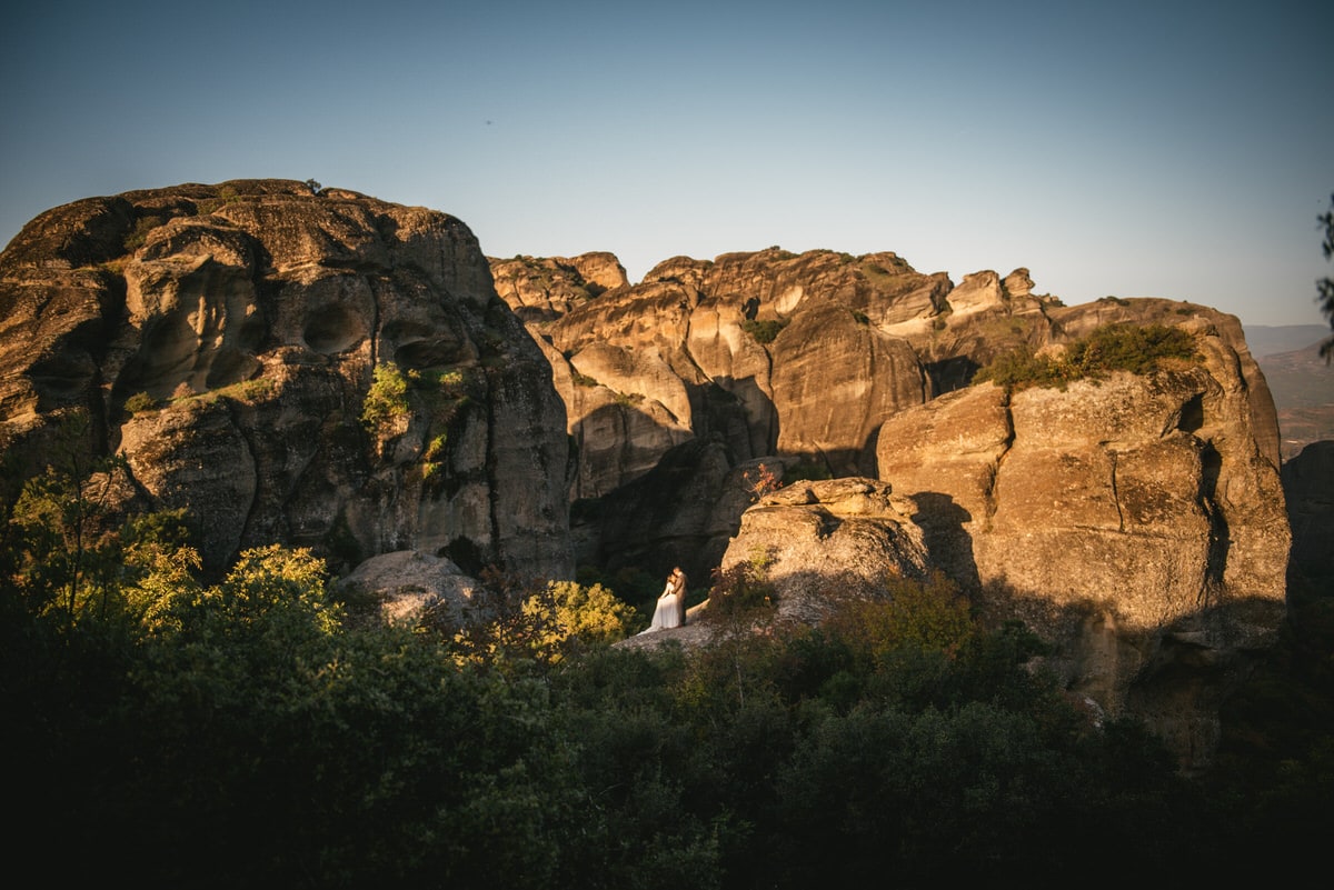 Sunrise on rocks on their day after photoshoot in the Meteora in Greece
