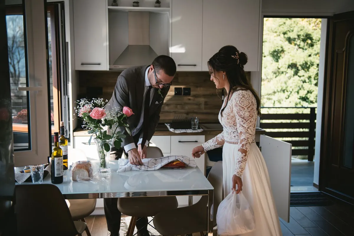 Bride and groom getting their stuff on an elopement day in the Meteora