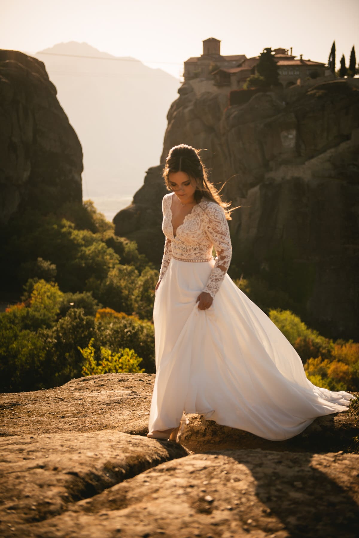 Bride walking on an elopement day in the Meteora