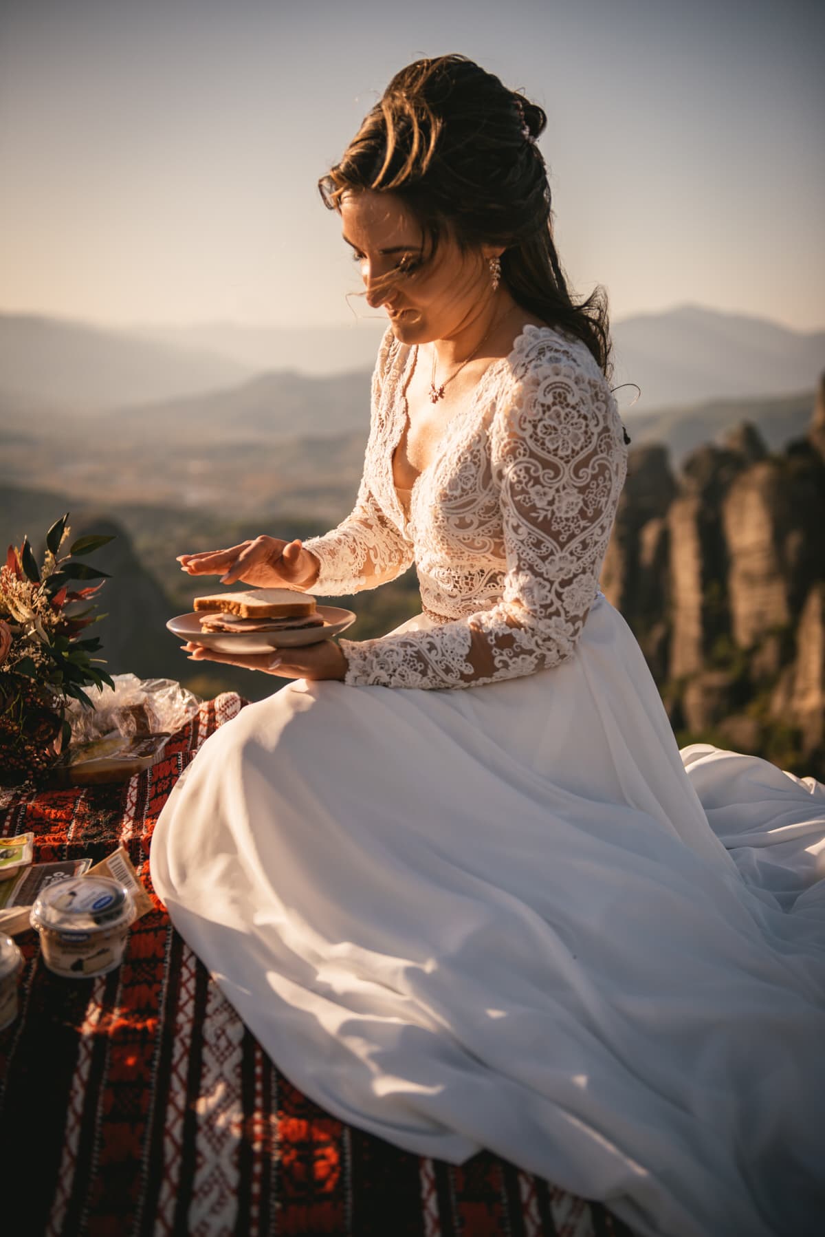 Bride getting ready on an elopement day in the Meteora