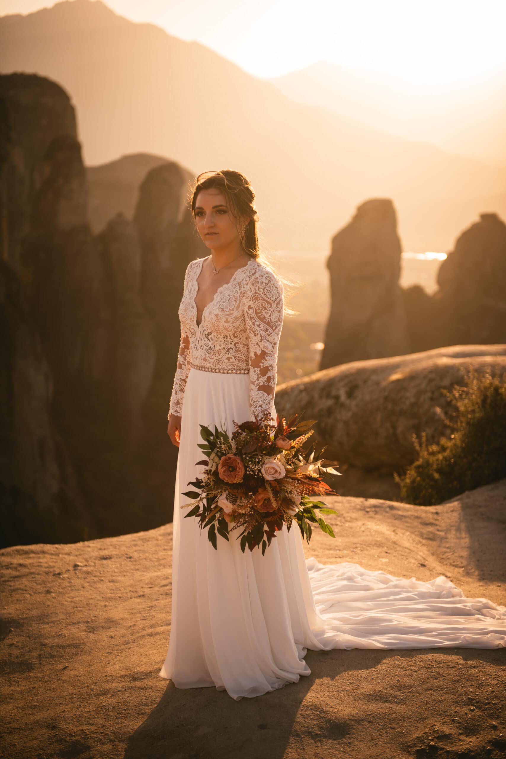 Bride holding her bouquet on her Meteora wedding elopement ceremony