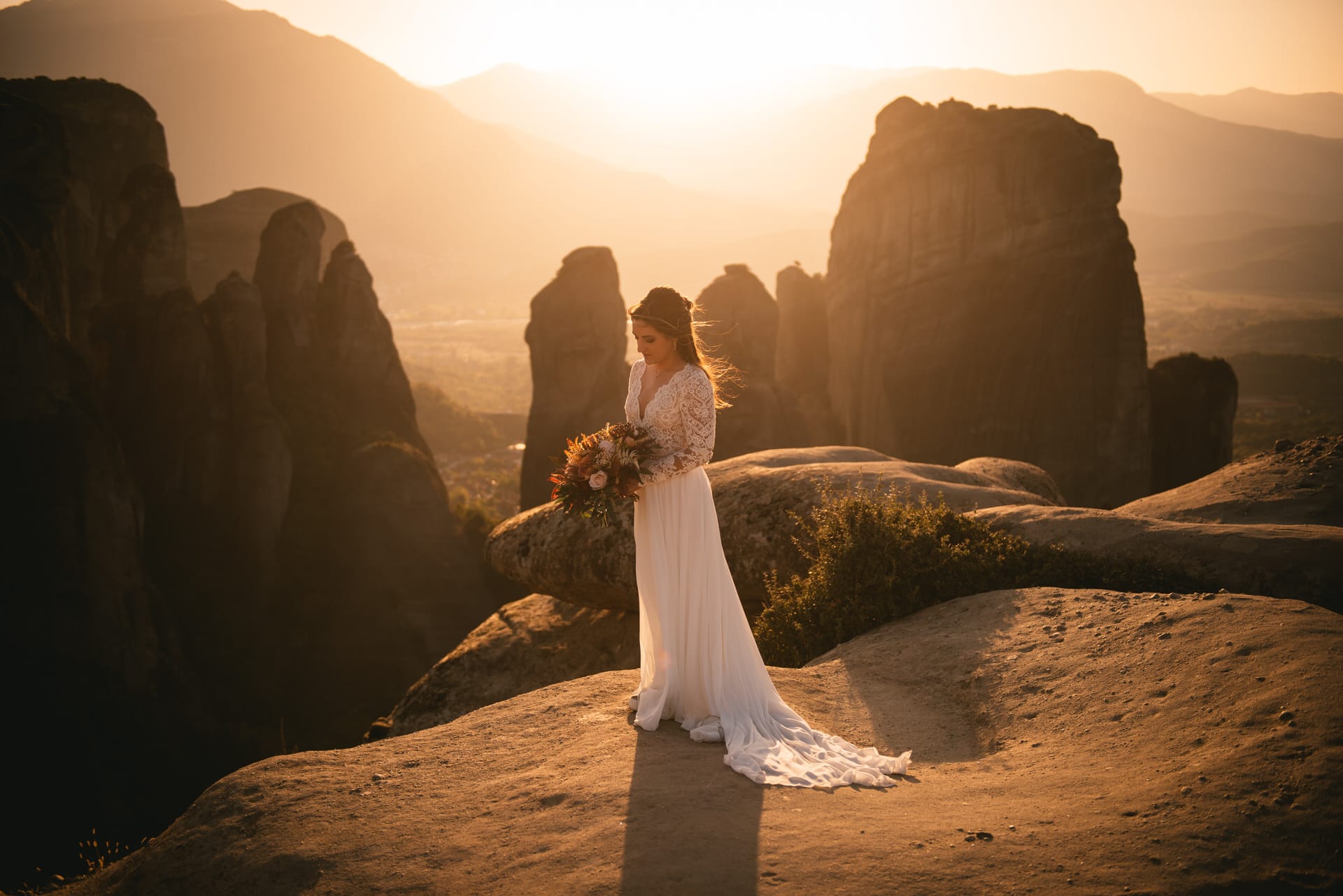Bride posing on her Meteora wedding elopement ceremony