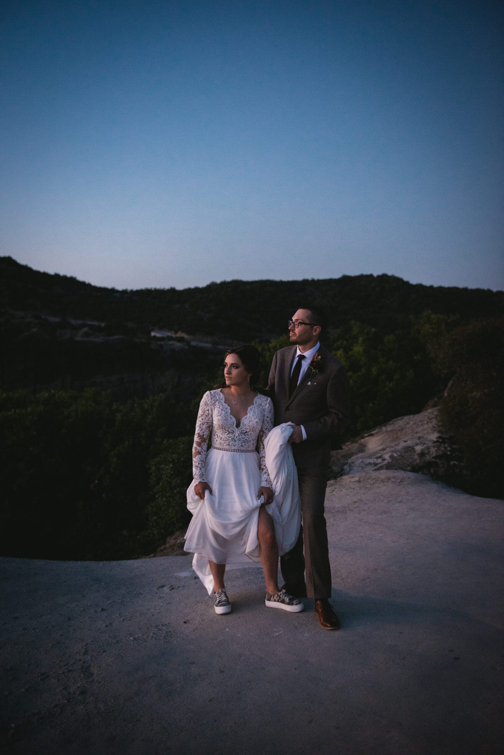 Couple at blue hour on their Meteora wedding elopement
