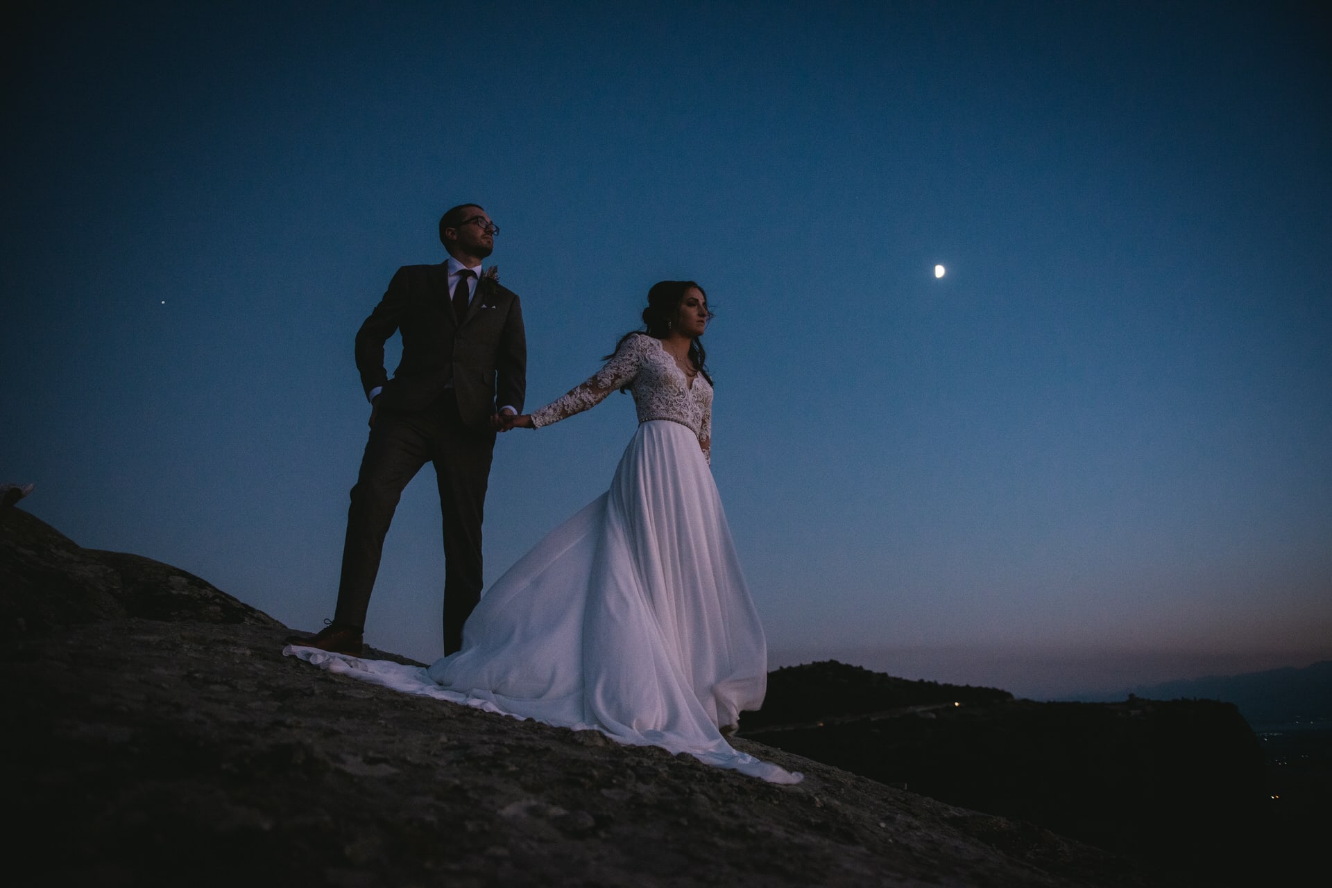 Couple at blue hour on their Meteora wedding elopement