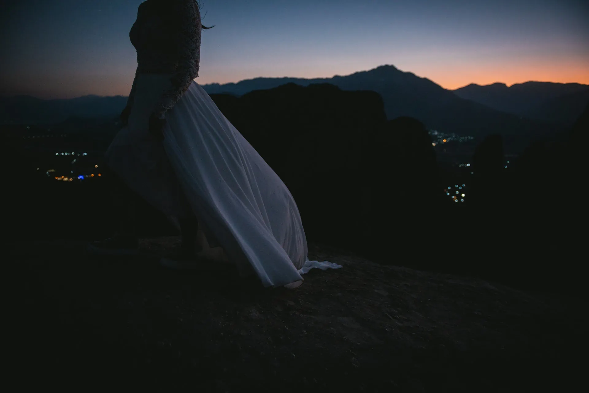 Wedding dress at blue hour on their Meteora wedding elopement