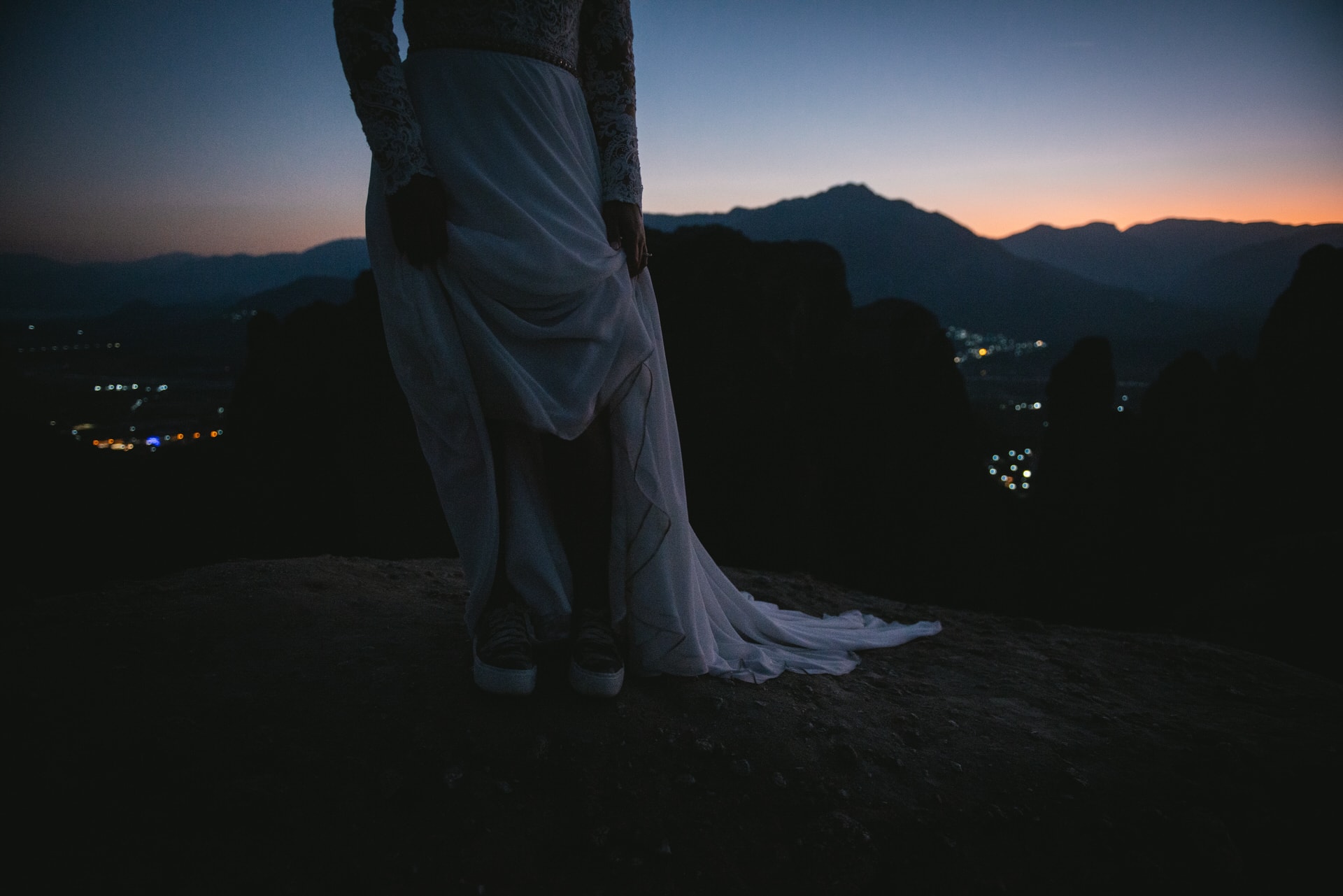 Wedding dress at blue hour on their Meteora wedding elopement