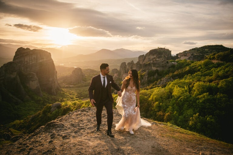Couple doing a photoshoot at sunset on their elopement day in the Meteora