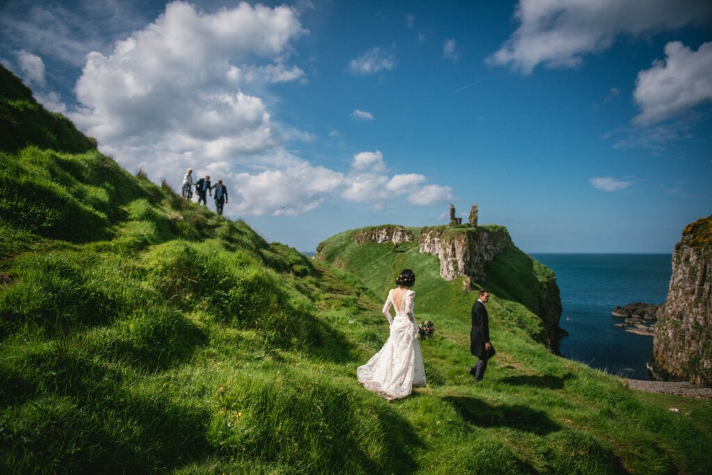 Panoramic view of rugged Northern Ireland coastline during their elopement.