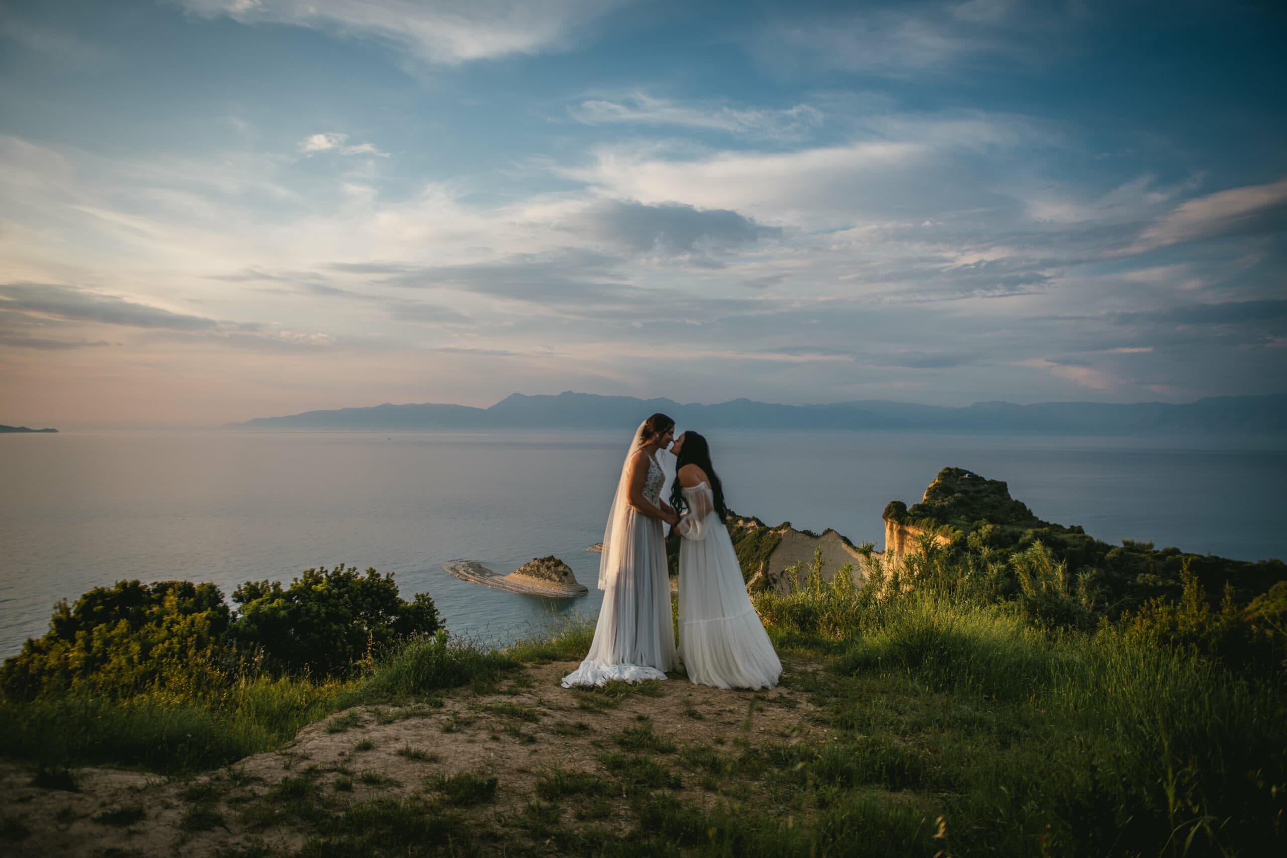 A shared glance full of promise and emotion during the Corfu elopement ceremony.