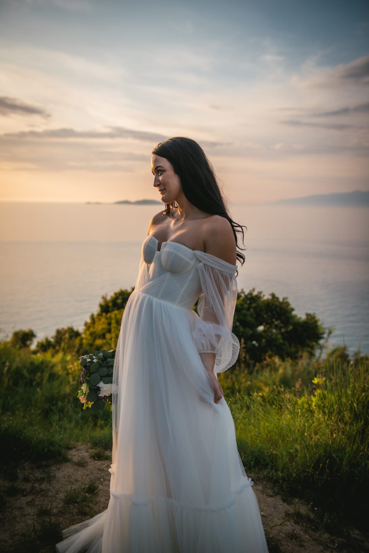 Intricate detail of the bride, her essence radiating in their Corfu elopement