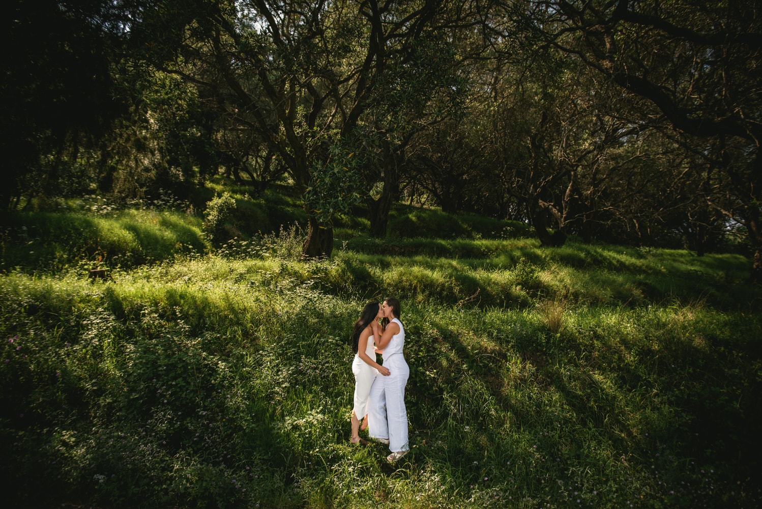 Love among ancient trees: Brides find solace amidst an olive grove, love's sanctuary during their Corfu elopement.