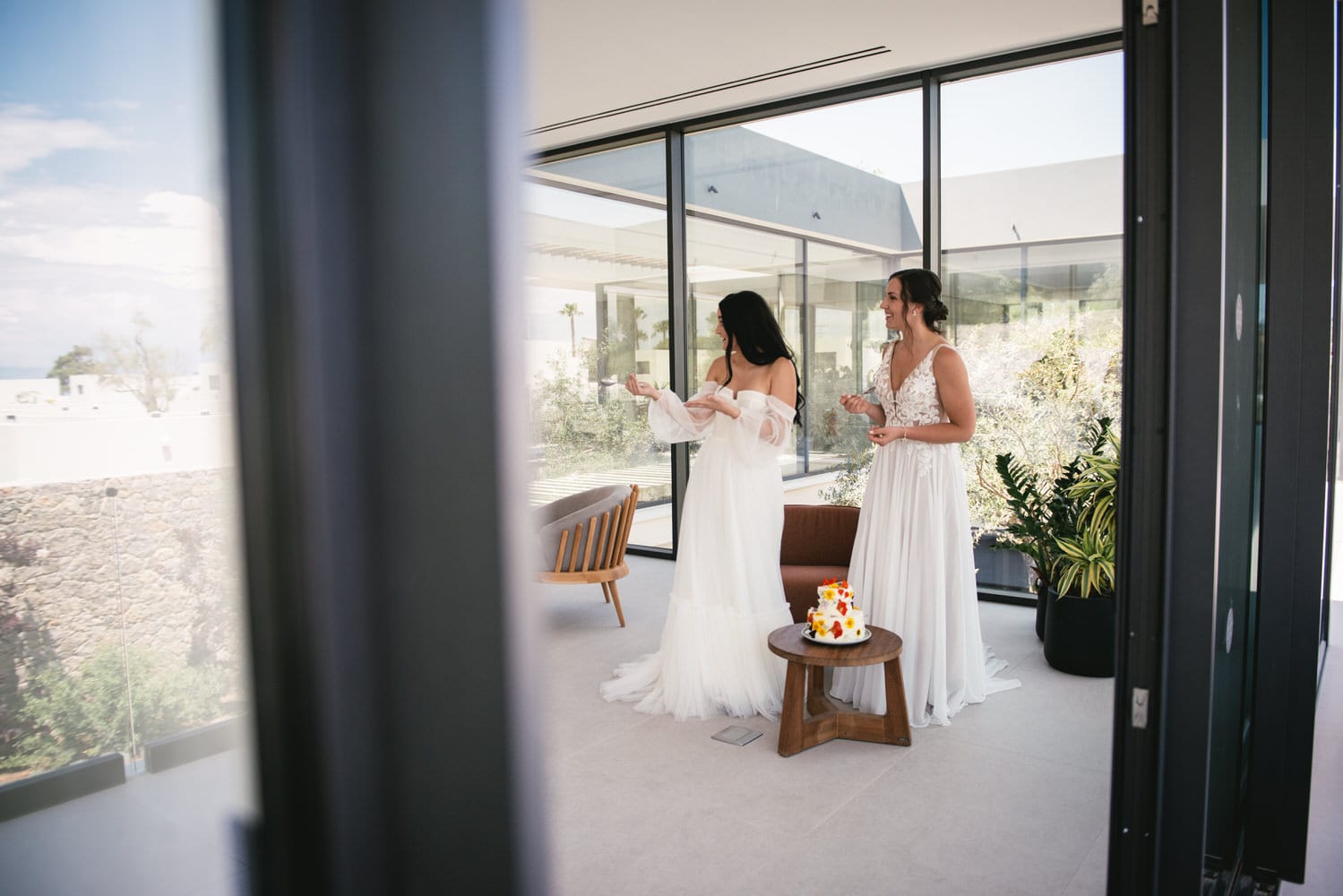 Brides relaxing in the hotel, comfort and joy after their Corfu elopement.