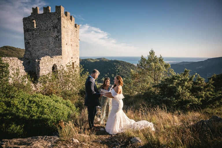 A sunset elopement by an ancient French castle