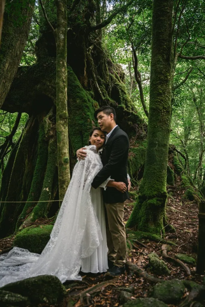Couple hugging after their adventure elopement in Japan