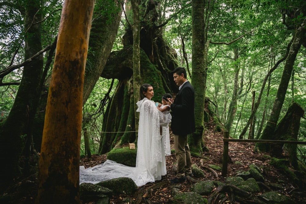 Wedding ceremony on Yakushima - couple exchanging vows in the Princess Mononoke forest