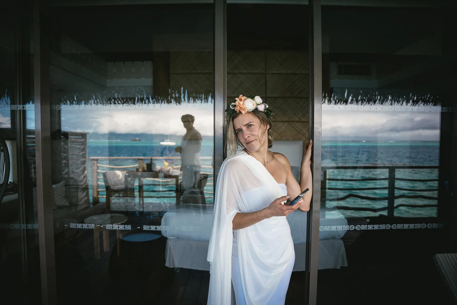 Bride's dress during her elopement meal in French Polynesia
