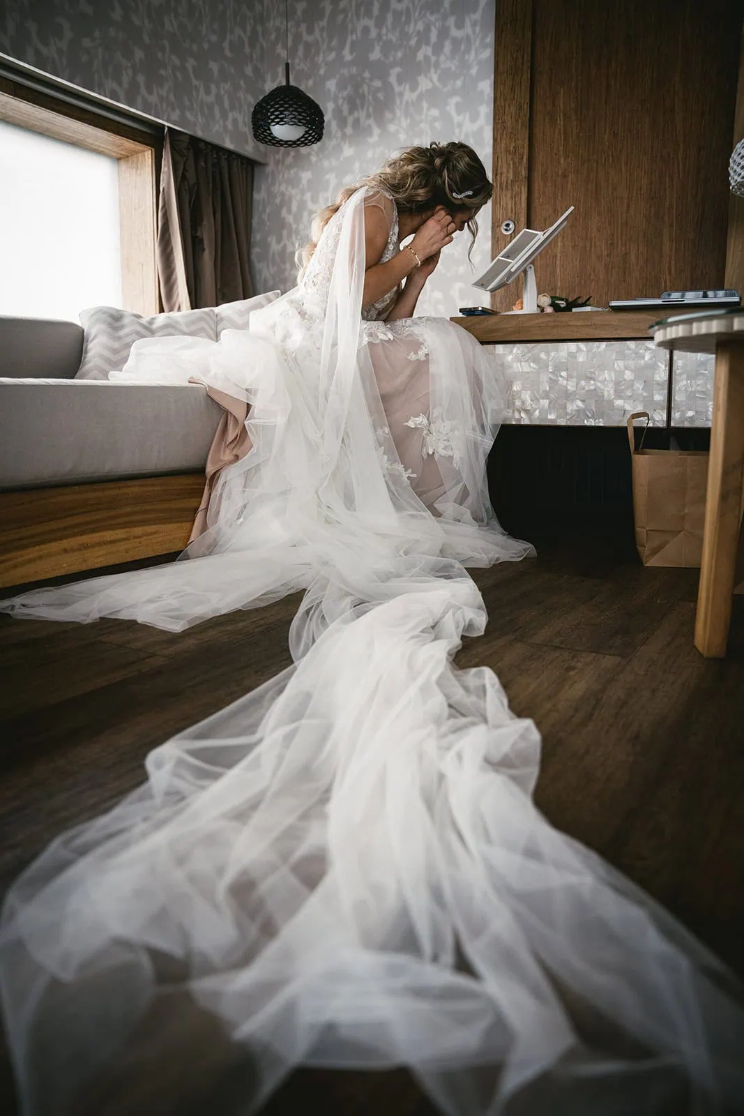 Close-up of the bride's dress in French Polynesia